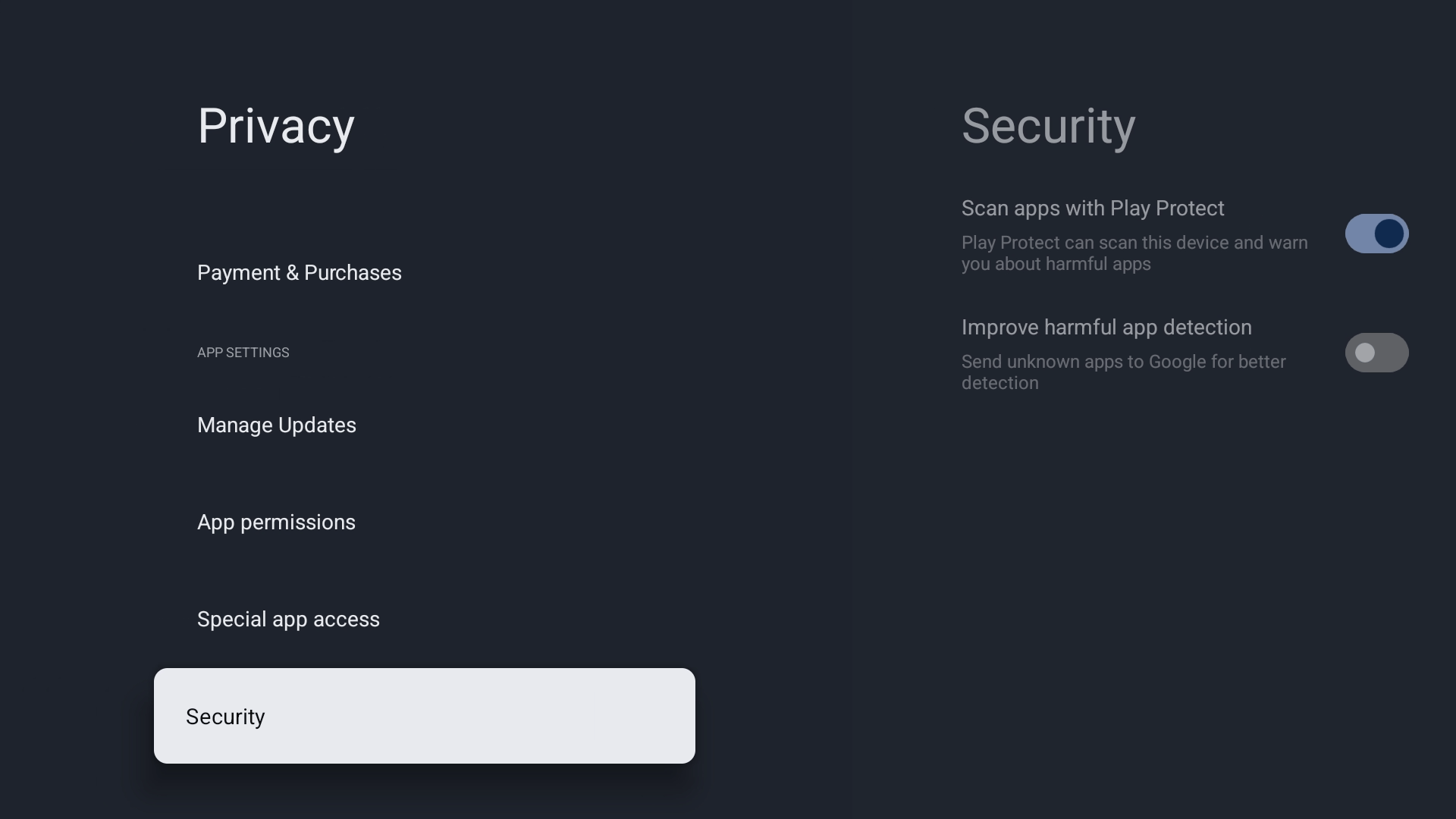 'Privacy' menu in Settings, with the 'Security' sub-menu open. The 'Security' sub-menu only contains the entries 'Scan apps with Play Protect' and 'Improve harmful app detection'.